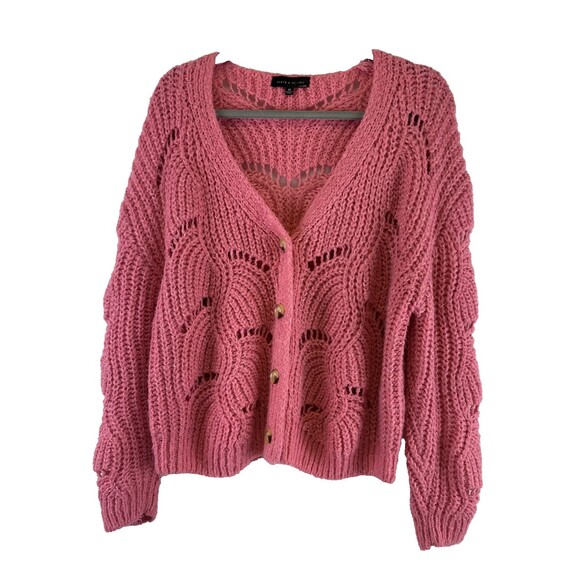 Slate And Willow Pink Open Knit Sweater Cardigan Crochet Button Womens Medium - Picture 1 of 10